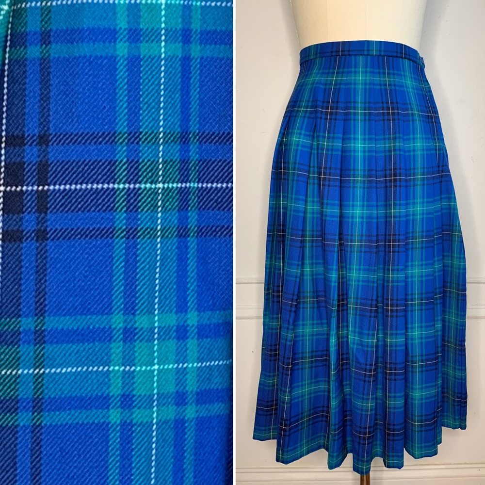 Vintage Pendleton Plaid Pleated Blue Wool Skirt